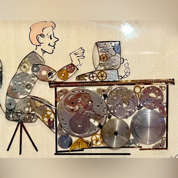 RARE Girard Watch 🕰️ Parts Art Man at Computer Framed Art 🖼️